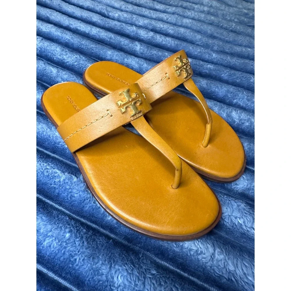 Tory Burch Ines Thong Sandals Yellow Leather Gold Logo Flat Slides 7M 5930823